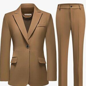 Women Size Large Brown 1 Button Business Pants Suit Set 2 Piece Slim Fit